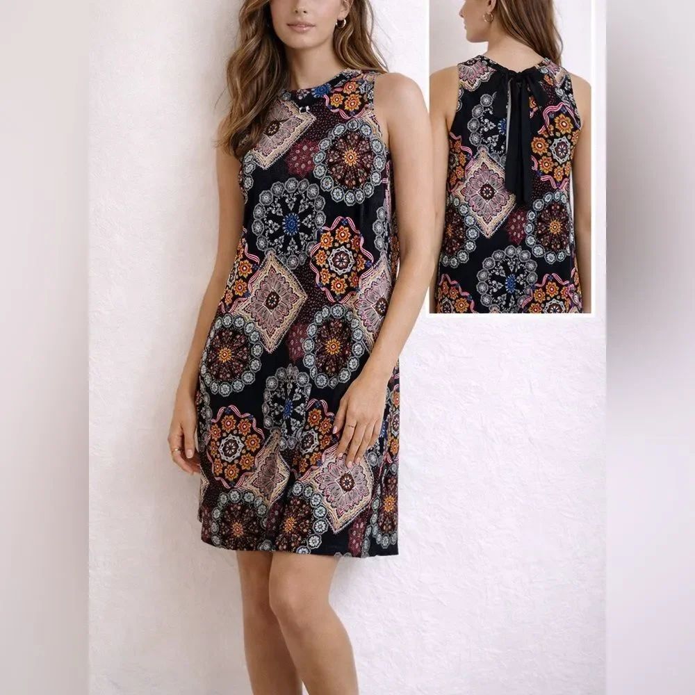 Robbie Bee XL Sleeveless Printed Shift Dress Tie-Back Keyhole Black Multi